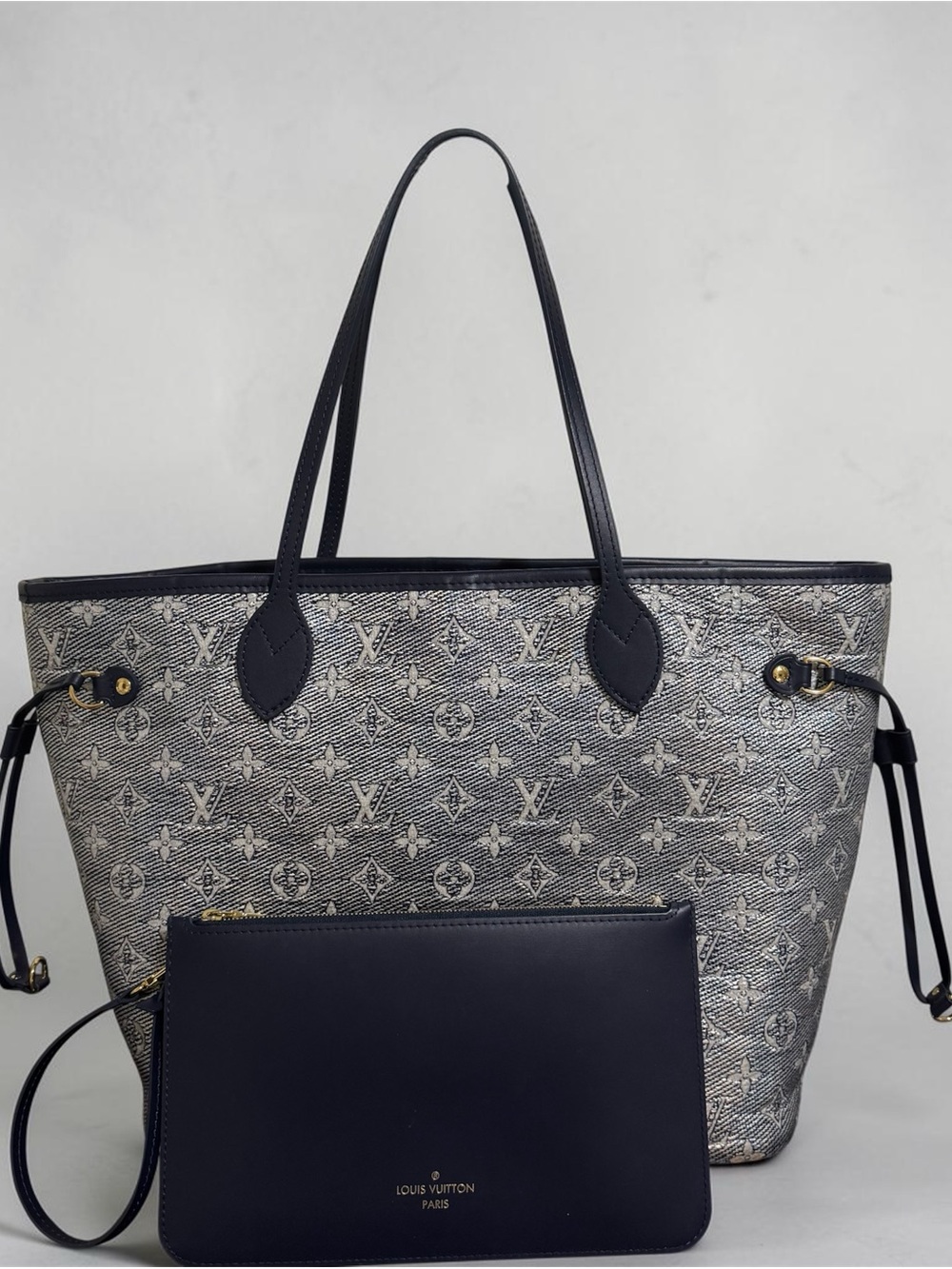 LV NEVERFULL MM monoJacquard tote Bag NAVY BLUE w/ COA